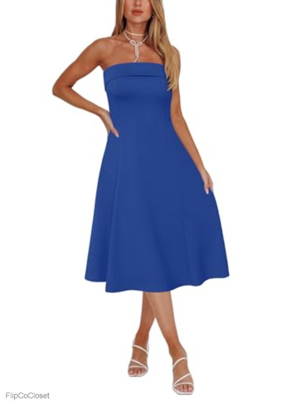 Women's Strapless Tube Midi Dress Fit & Flare Formal Cocktail Party